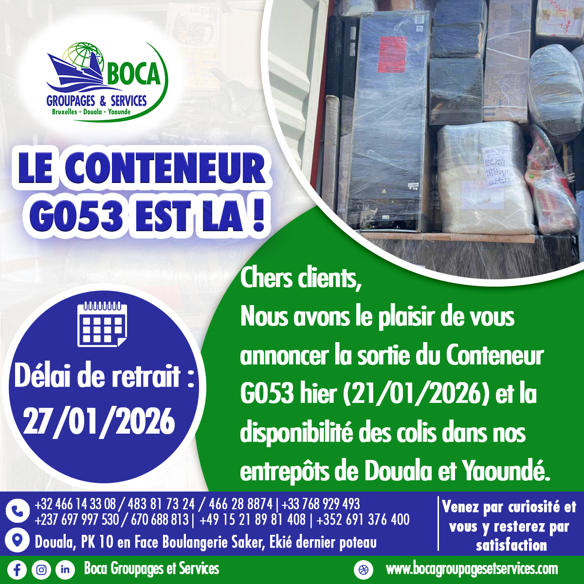 DISPONIBILITE DES COLIS DU CONTENEUR G053(Douala et Yaoundé)